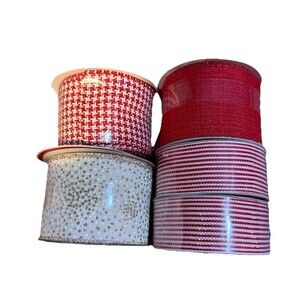 Celebrate It Christmas Holiday Ribbon Lot Of 5 Wired Edge (3) Red White Ivory